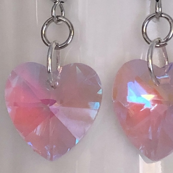 New Pale Pink Sparkling Dangling Drop Crystal AB Heart Earrings Handmade Gifts - Picture 4 of 4